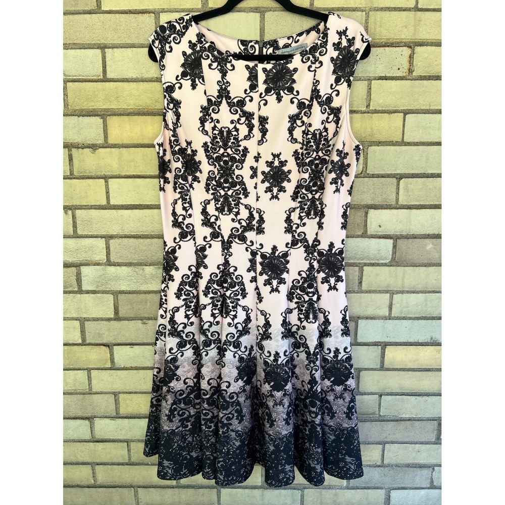 Danny and Nicole Pink Black Damask Stretch Knee Length Sleeveless Dress Size 16